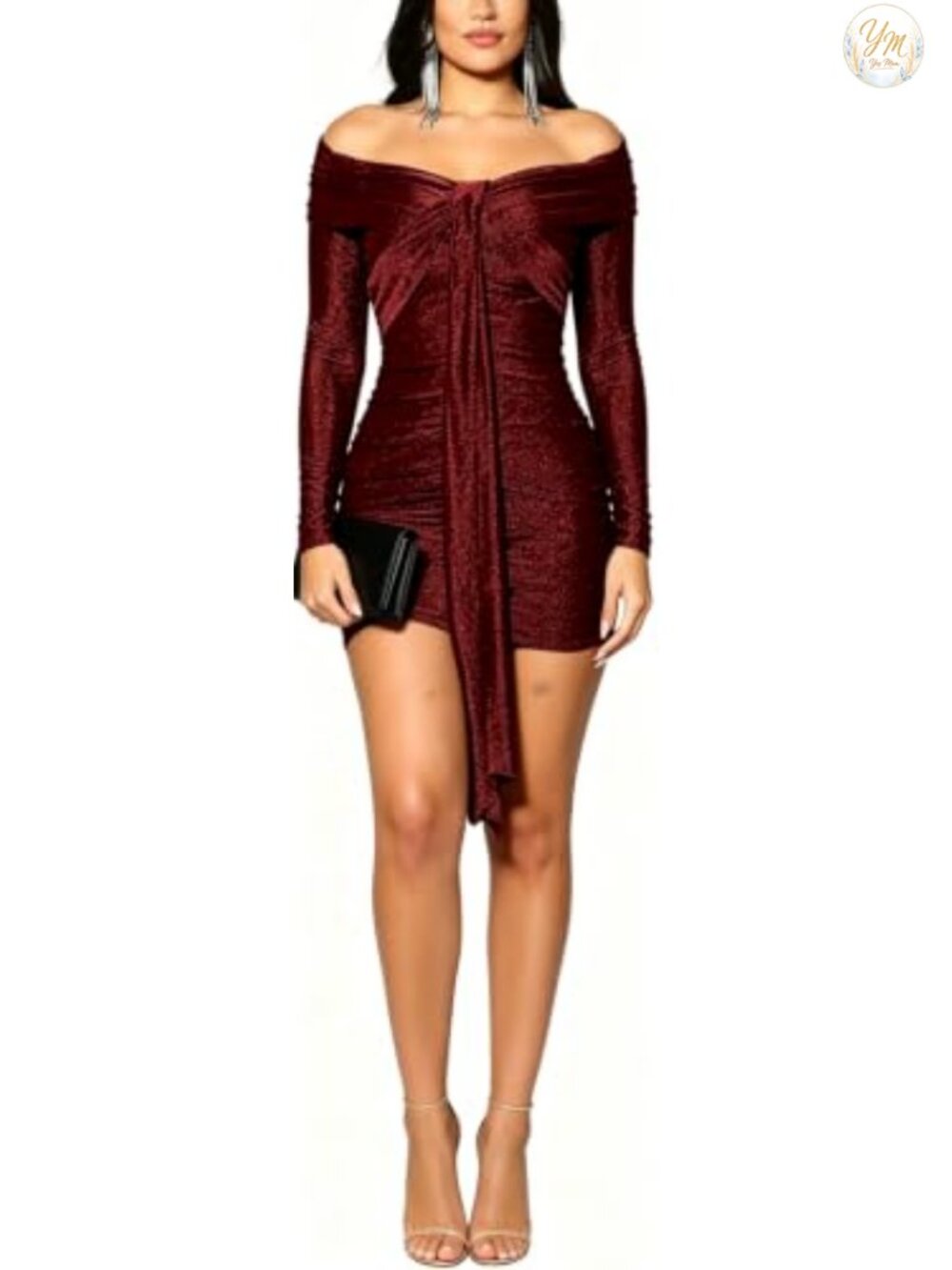 Women's Sequin Glitter Off-Shoulder Long Sleeve Bodycon Mini Dress